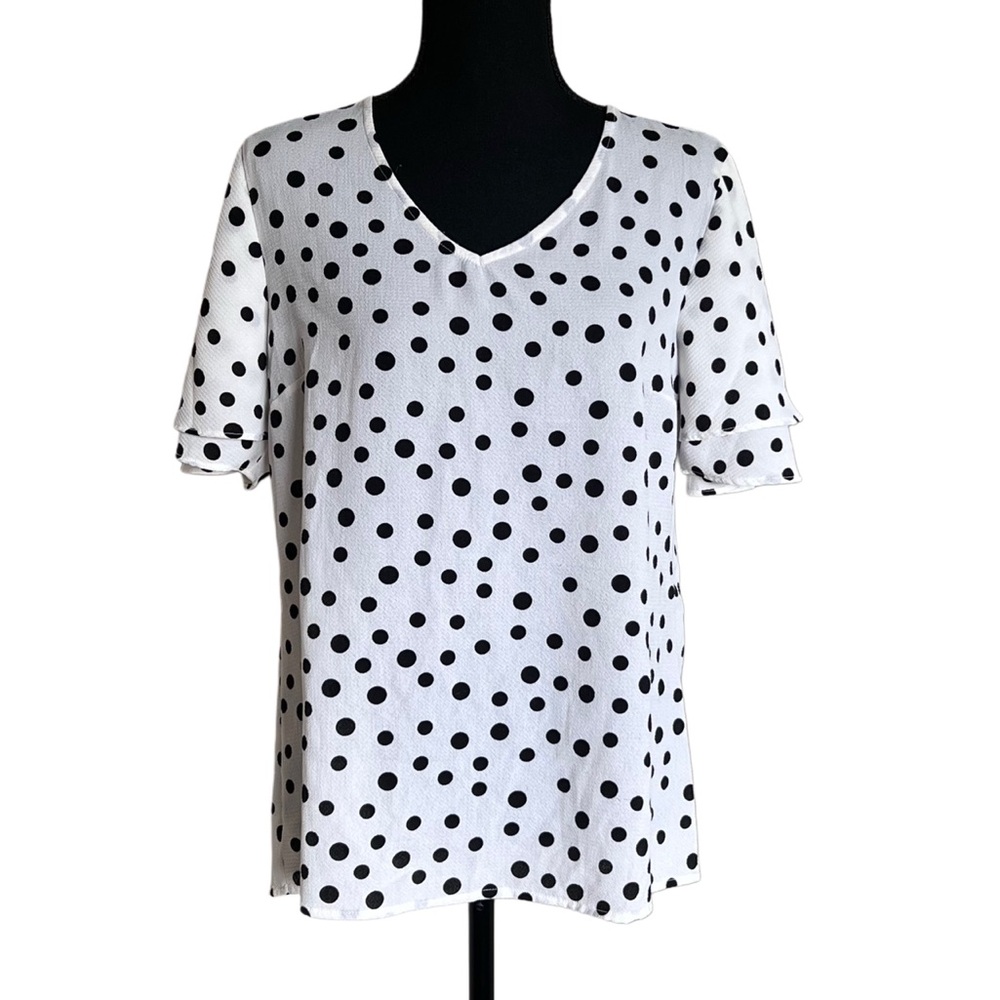 Black and White Loose Polka Dot V Neck Layered Flutter Sleeve Blouse M